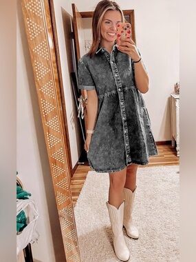 Washed Black Denim Shirt Dress with Collar